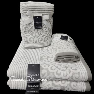 6 Piece TAHARI Gray & White Scroll Damask Luxury Bath Hand Tip Towel Set New